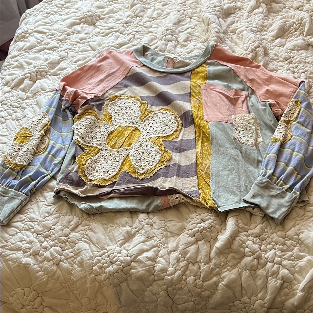 Three Bird Nest Multicolor Patchwork Long Sleeve Top